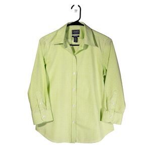 Chaps Ralph Lauren Women's Shirt Button Up Green White Check 3/4 Sleeve Top L